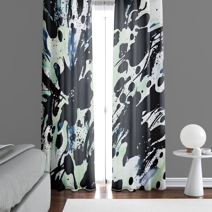 Abstract Window Curtain - Green and Black Paint Splatters - Deja Blue Studios