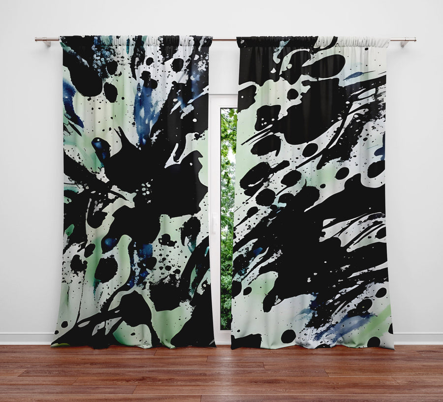Abstract Window Curtain - Green and Black Paint Splatters - Deja Blue Studios