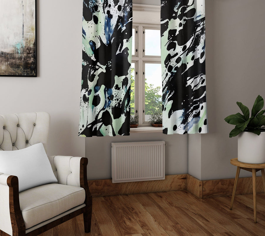 Abstract Window Curtain - Green and Black Paint Splatters - Deja Blue Studios