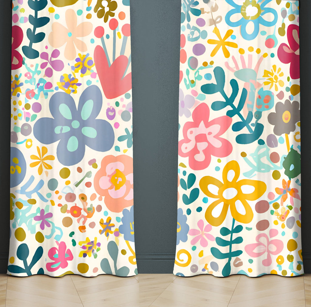Floral Window Curtain - Multi Colored Cartoon Daisy Pattern - Deja Blue Studios