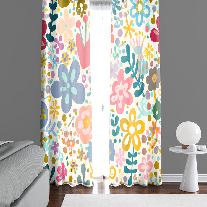 Floral Window Curtain - Multi Colored Cartoon Daisy Pattern - Deja Blue Studios