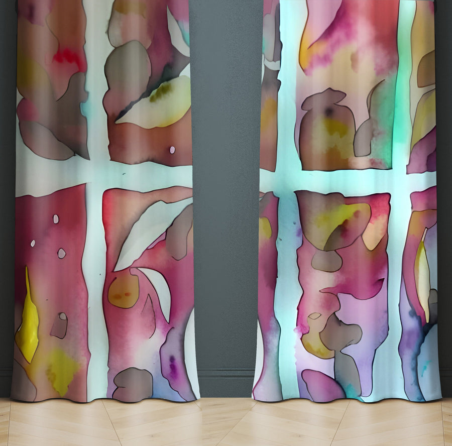 Abstract Window Curtain - Watercolor Early Morning Stained Glass - Deja Blue Studios