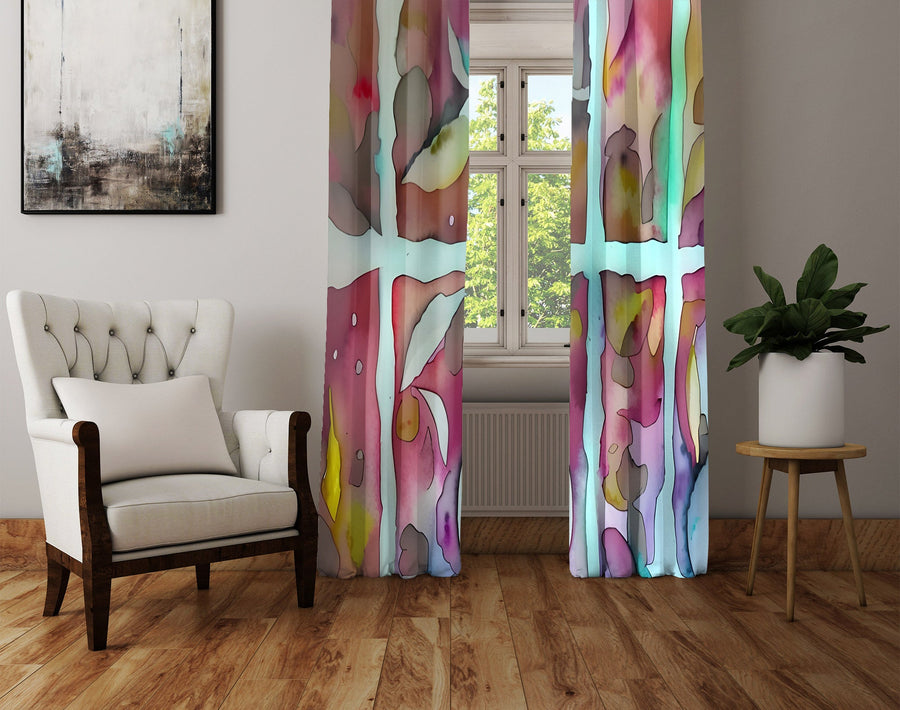 Abstract Window Curtain - Watercolor Early Morning Stained Glass - Deja Blue Studios
