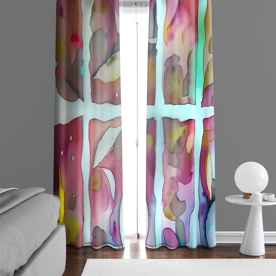 Abstract Window Curtain - Watercolor Early Morning Stained Glass - Deja Blue Studios