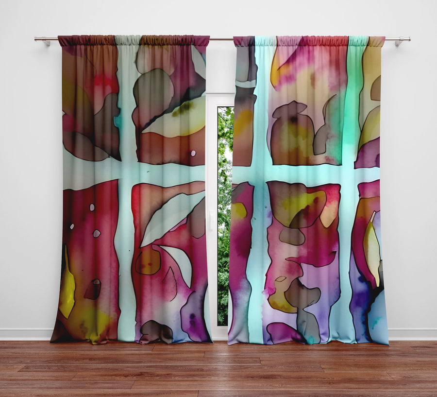 Abstract Window Curtain - Watercolor Early Morning Stained Glass - Deja Blue Studios