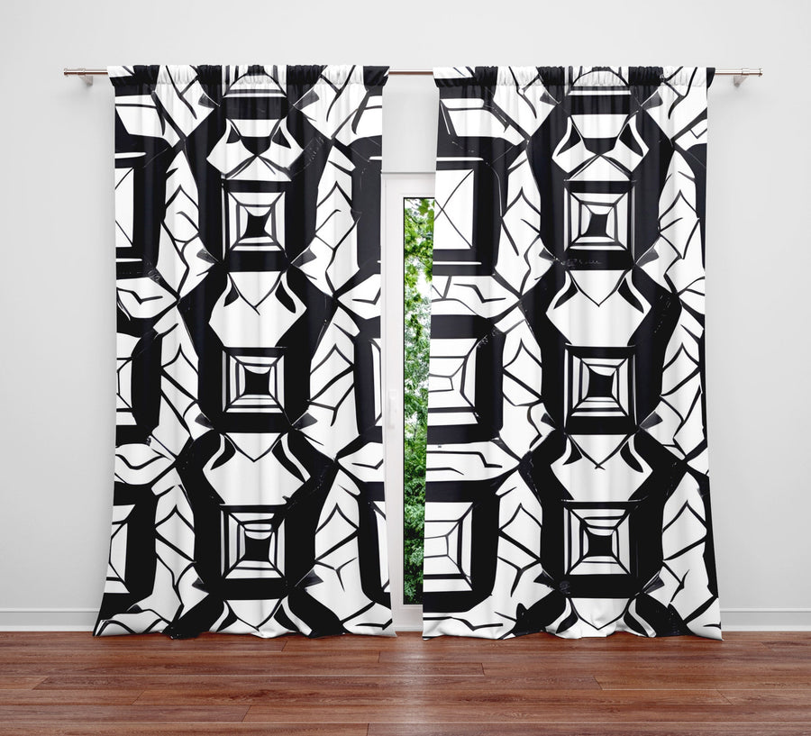 Geometric Window Curtain - Black and White Abstract Squares - Deja Blue Studios