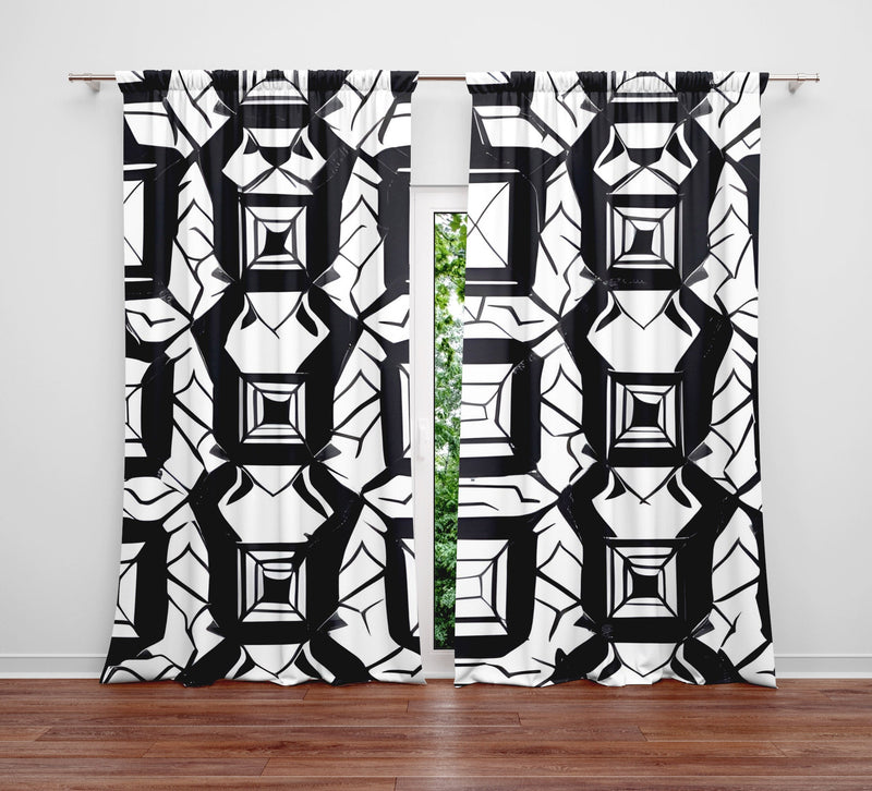 Geometric Window Curtain - Black and White Abstract Squares - Deja Blue Studios