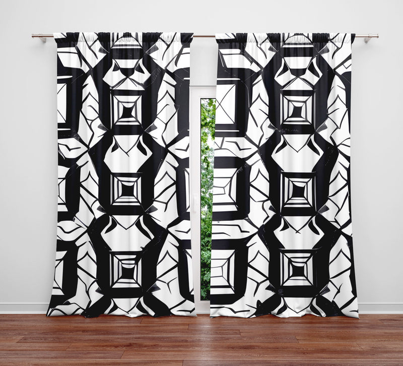 Geometric Window Curtain - Black and White Abstract Squares - Deja Blue Studios