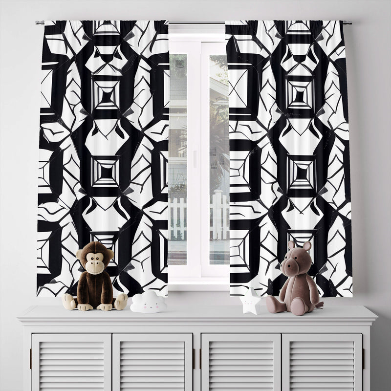 Geometric Window Curtain - Black and White Abstract Squares - Deja Blue Studios