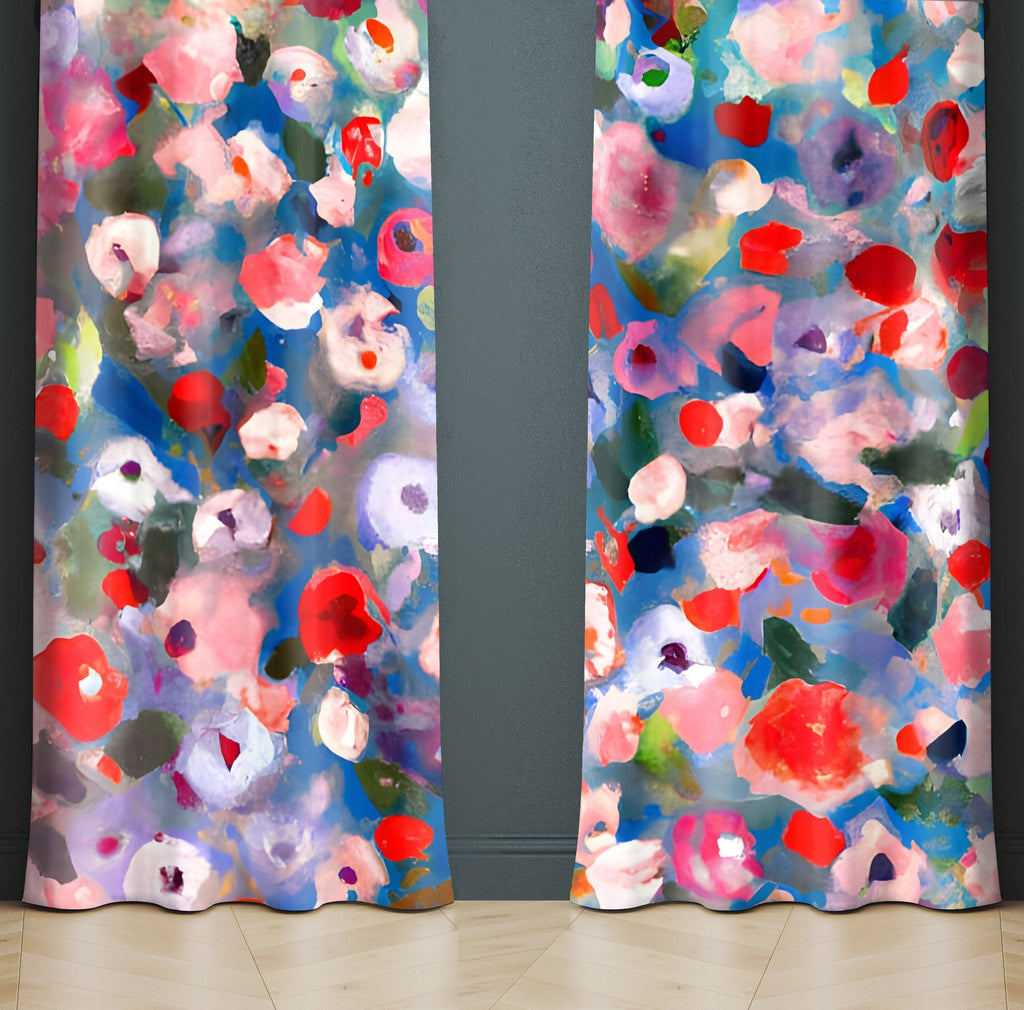 Floral Window Curtain - Pink and Blue Watercolor Peonies - Deja Blue Studios