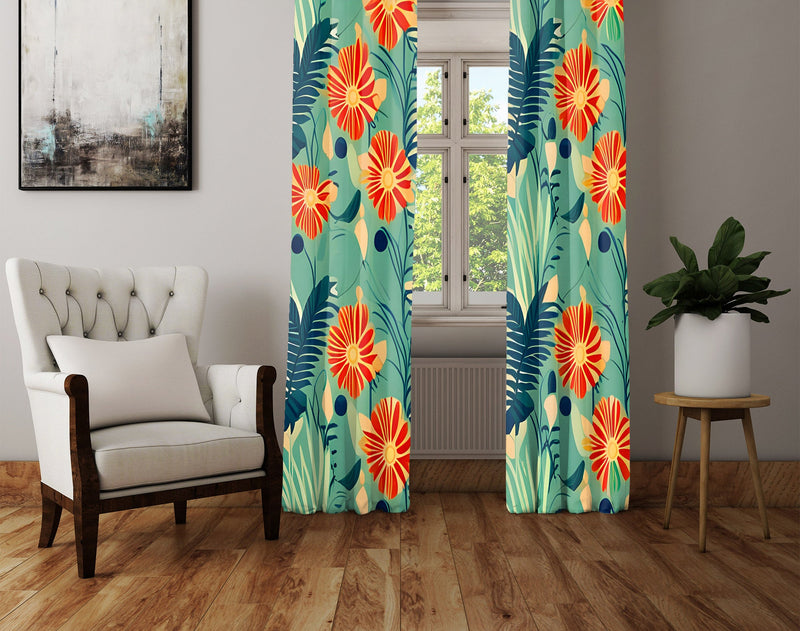 Floral Window Curtain - Tropical Orange and Green Floral Palm Leaves - Deja Blue Studios