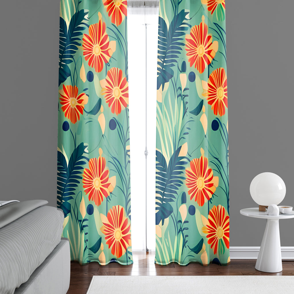 Floral Window Curtain - Tropical Orange and Green Floral Palm Leaves - Deja Blue Studios