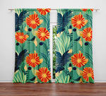 Floral Window Curtain - Tropical Orange and Green Floral Palm Leaves - Deja Blue Studios