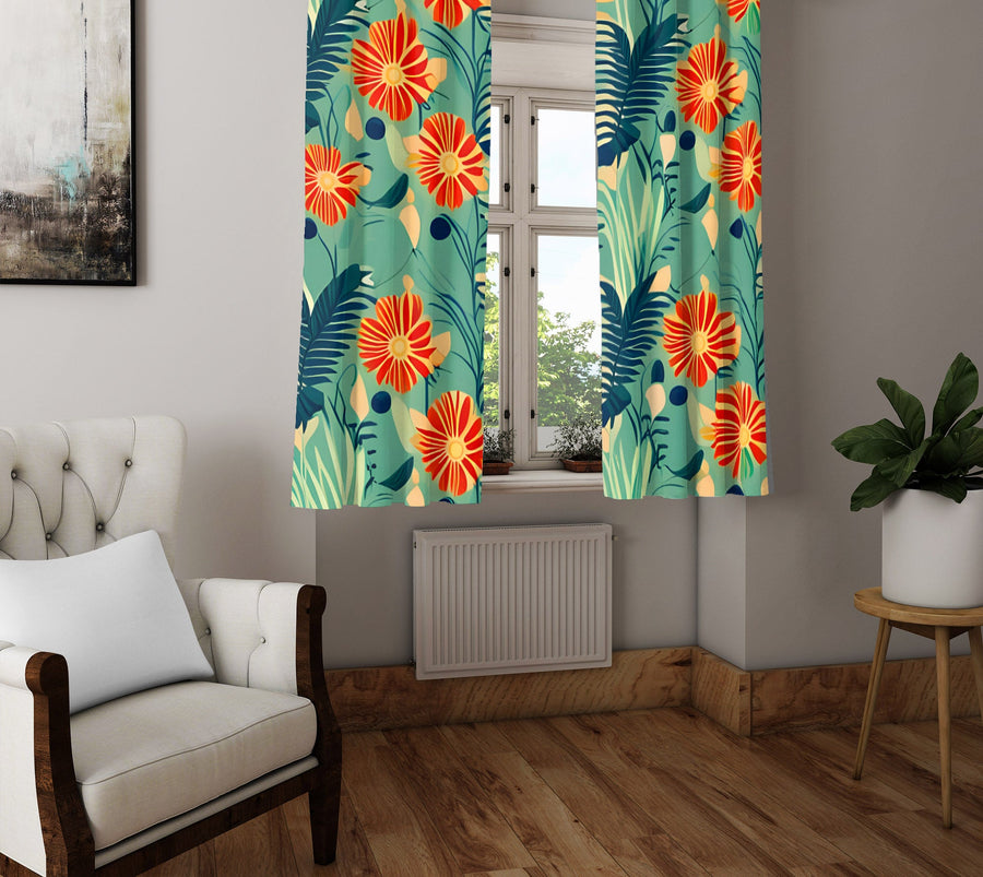 Floral Window Curtain - Tropical Orange and Green Floral Palm Leaves - Deja Blue Studios