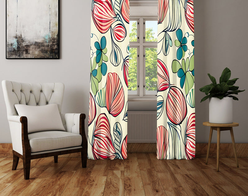 Floral Window Curtain - Minimalist Red Peony Pattern - Deja Blue Studios