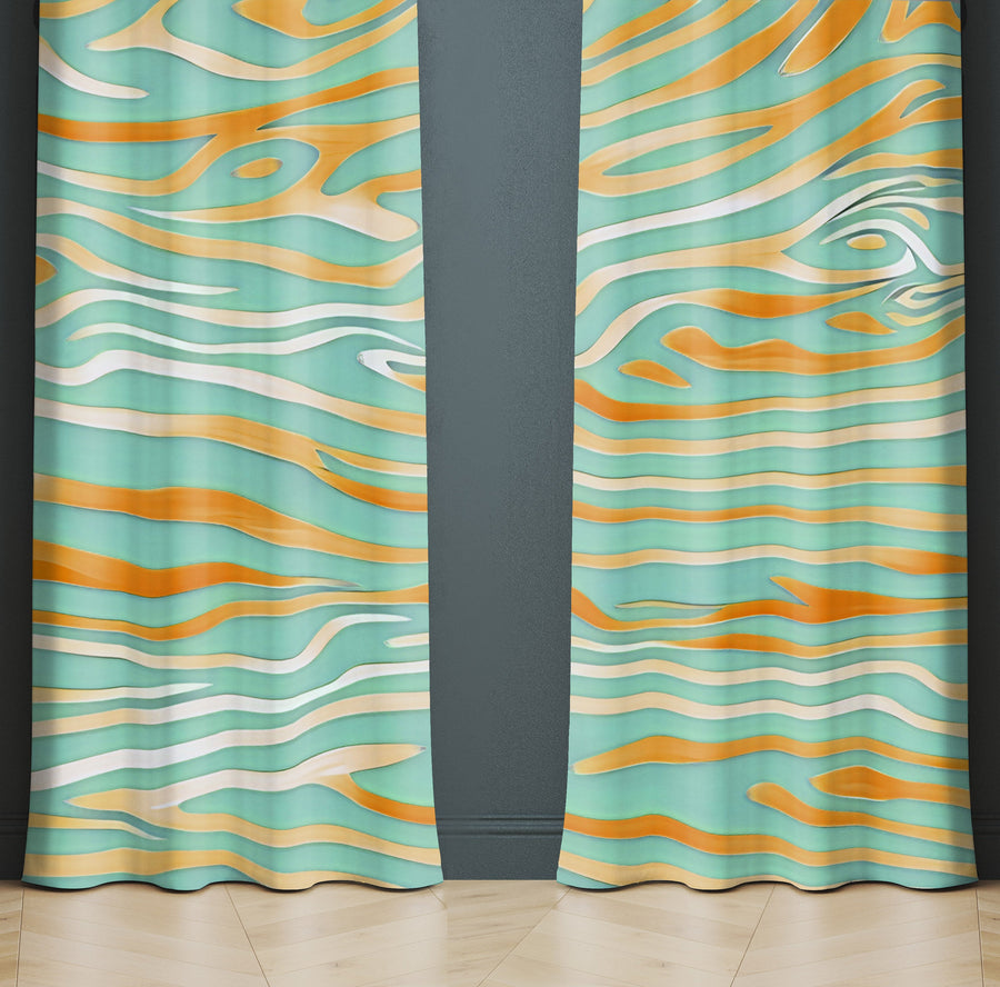 Abstract Window Curtain - Teal and Orange Wavy Stripes - Deja Blue Studios