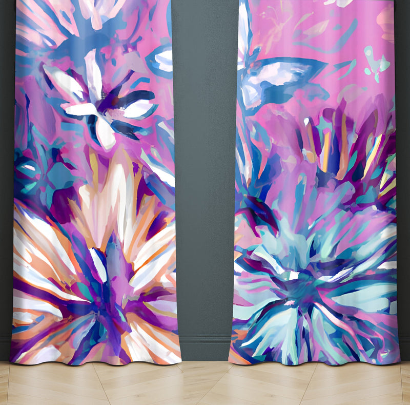 Floral Window Curtain - Purple and Blue Watercolor Daisies - Deja Blue Studios