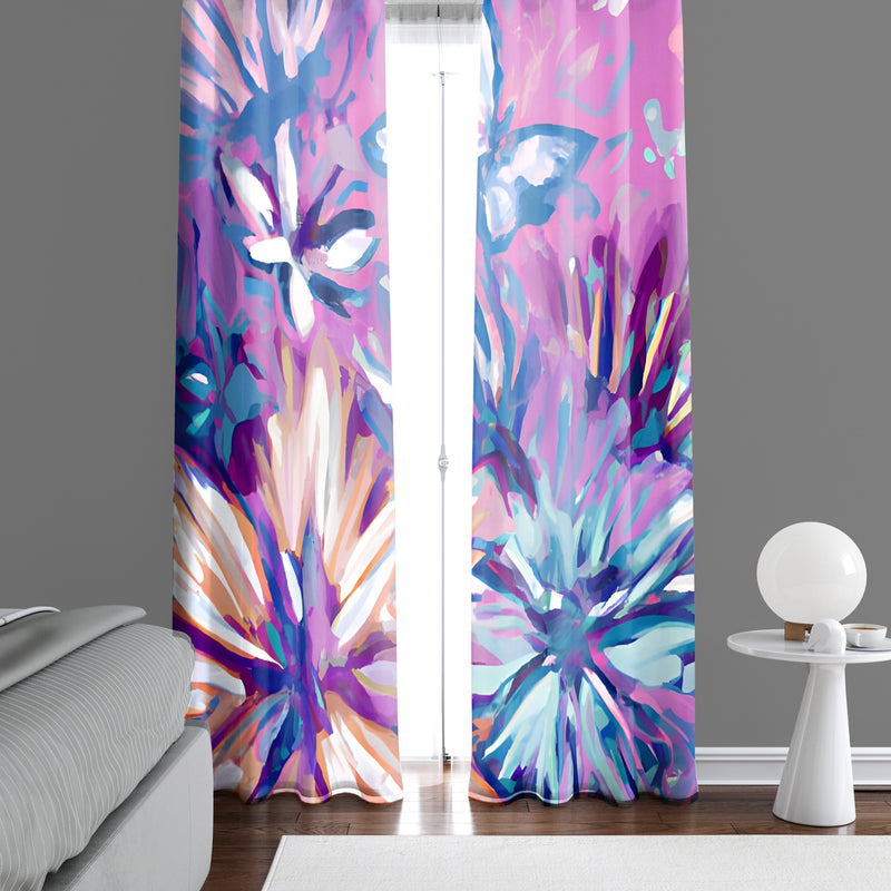 Floral Window Curtain - Purple and Blue Watercolor Daisies - Deja Blue Studios