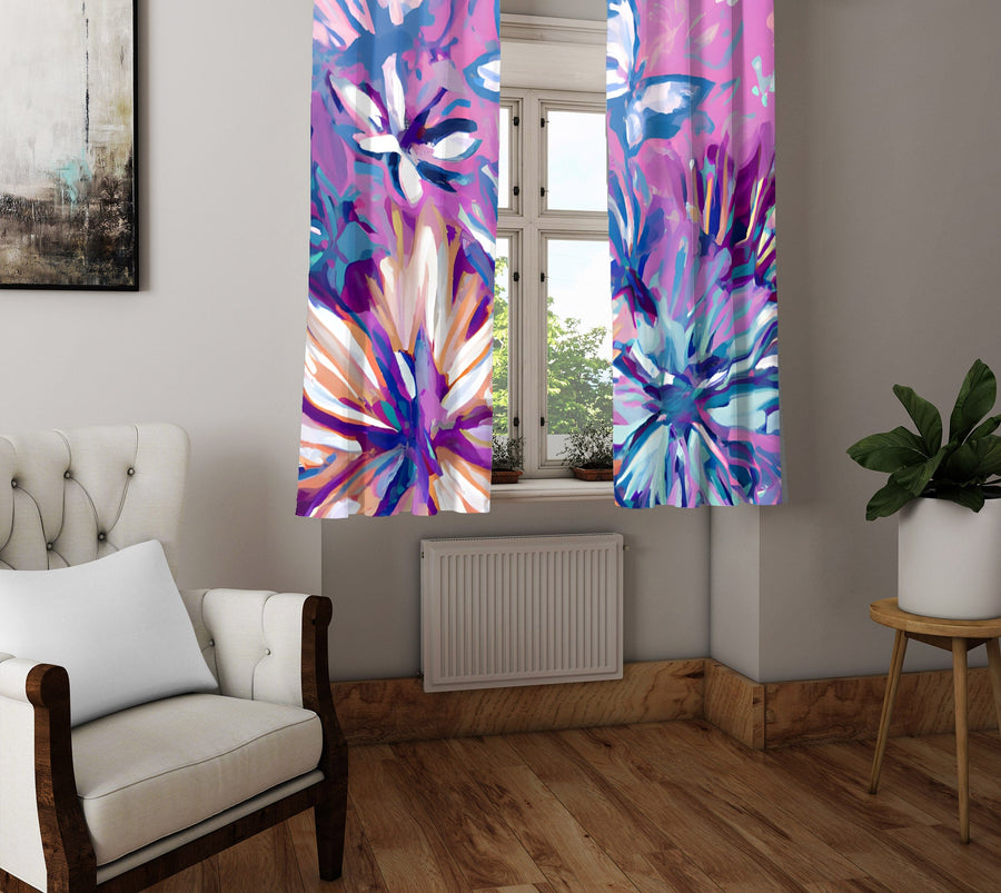 Floral Window Curtain - Purple and Blue Watercolor Daisies - Deja Blue Studios