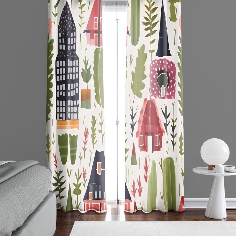 Abstract Window Curtain - Cartoon Style Red and Green Autumn Town Square - Deja Blue Studios