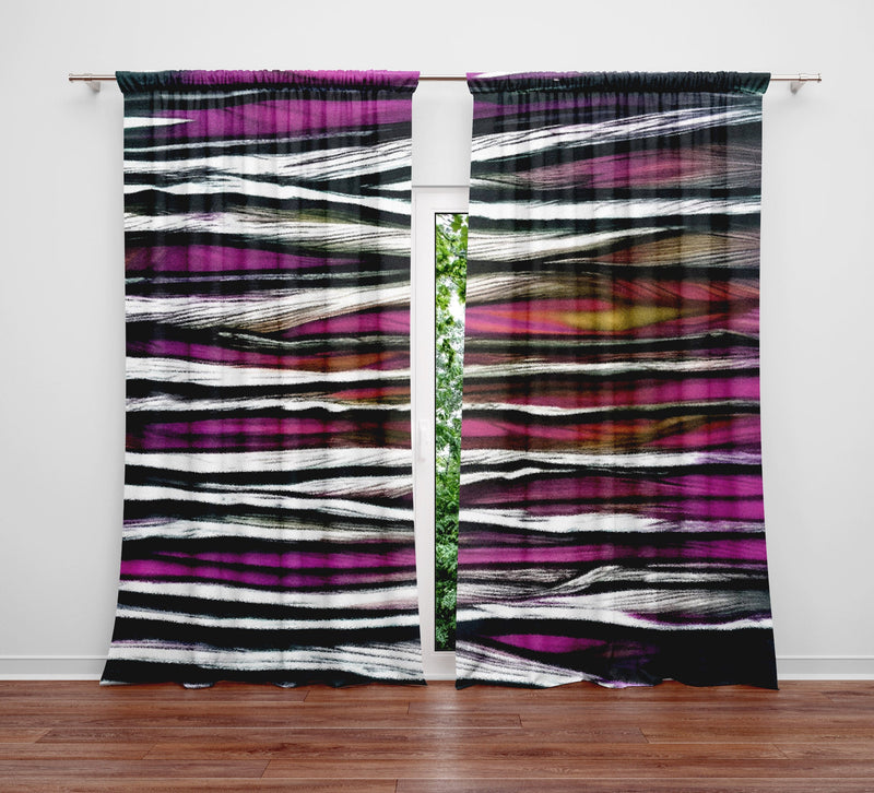 Striped Window Curtain - Grungy Horizontal Purple and Gray Stripes - Deja Blue Studios