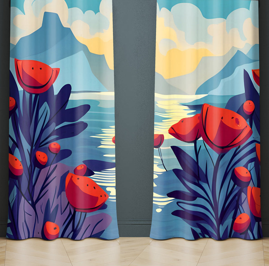 Floral Window Curtain - Oceanside Poppy Mountains - Deja Blue Studios