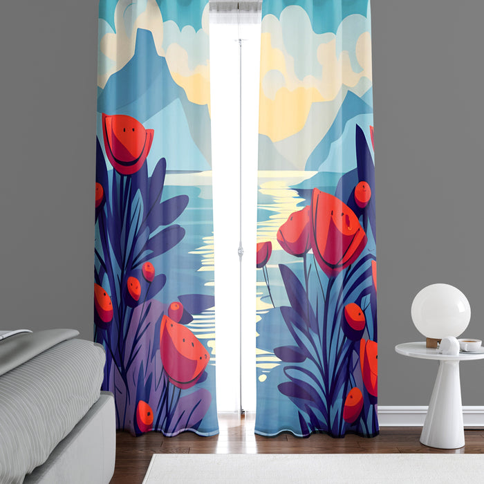 Floral Window Curtain - Oceanside Poppy Mountains - Deja Blue Studios