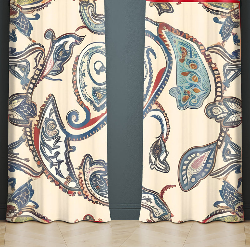 Paisley Window Curtain - Swirly Blue and Red Paisley Print - Deja Blue Studios