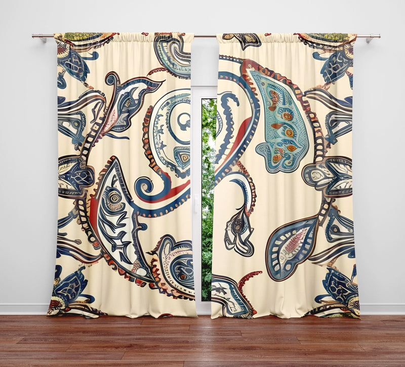 Paisley Window Curtain - Swirly Blue and Red Paisley Print - Deja Blue Studios