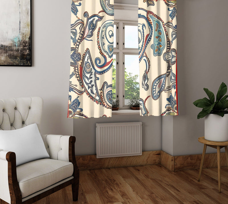 Paisley Window Curtain - Swirly Blue and Red Paisley Print - Deja Blue Studios