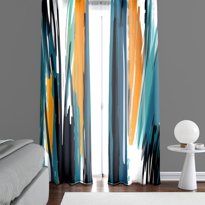 Abstract Window Curtain - Orange and Blue Paint Stripes - Deja Blue Studios