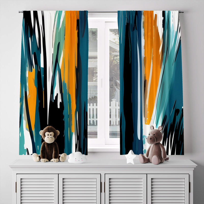 Abstract Window Curtain - Orange and Blue Paint Stripes - Deja Blue Studios