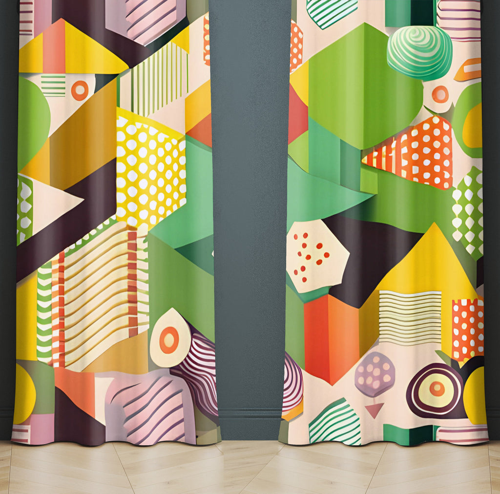 Abstract Window Curtain - Orange and Green Geometric Shapes - Deja Blue Studios