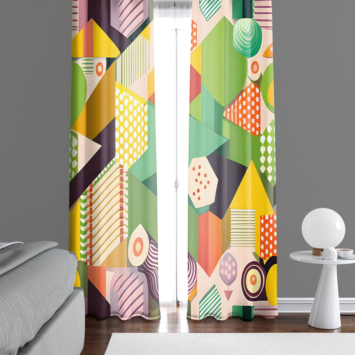 Abstract Window Curtain - Orange and Green Geometric Shapes - Deja Blue Studios