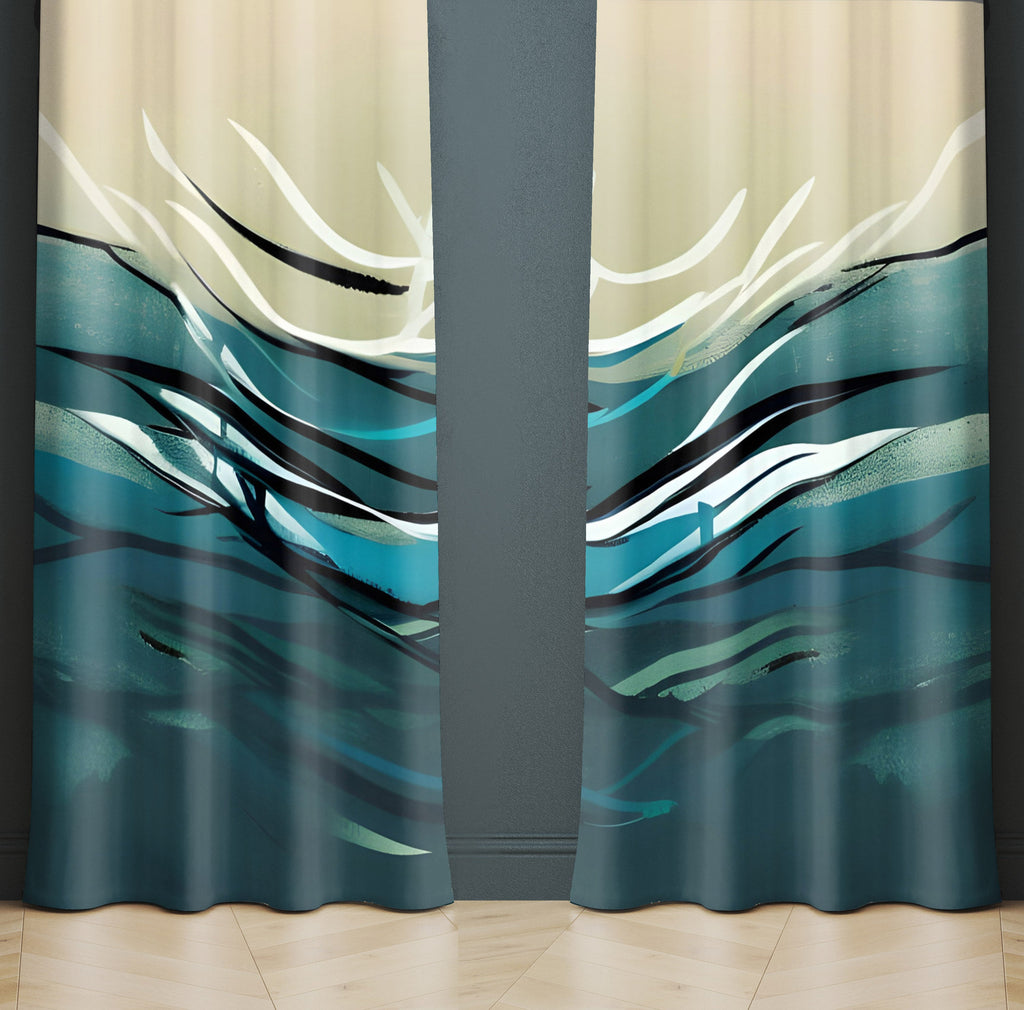 Abstract Window Curtain - Steel Blue and Tan Minimalist Ocean Wave - Deja Blue Studios