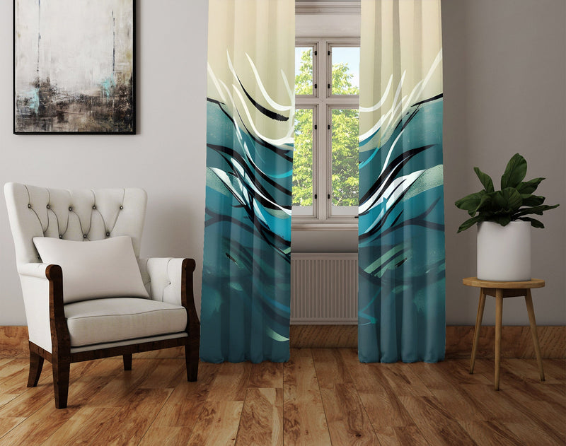 Abstract Window Curtain - Steel Blue and Tan Minimalist Ocean Wave - Deja Blue Studios