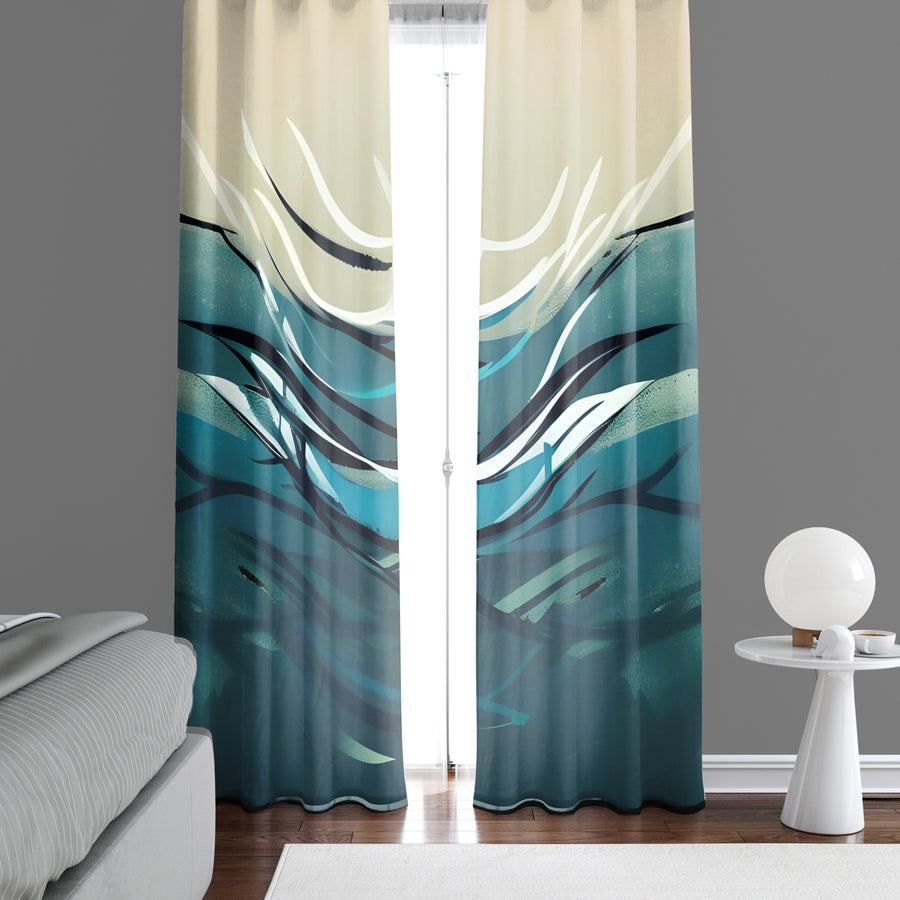 Abstract Window Curtain - Steel Blue and Tan Minimalist Ocean Wave - Deja Blue Studios