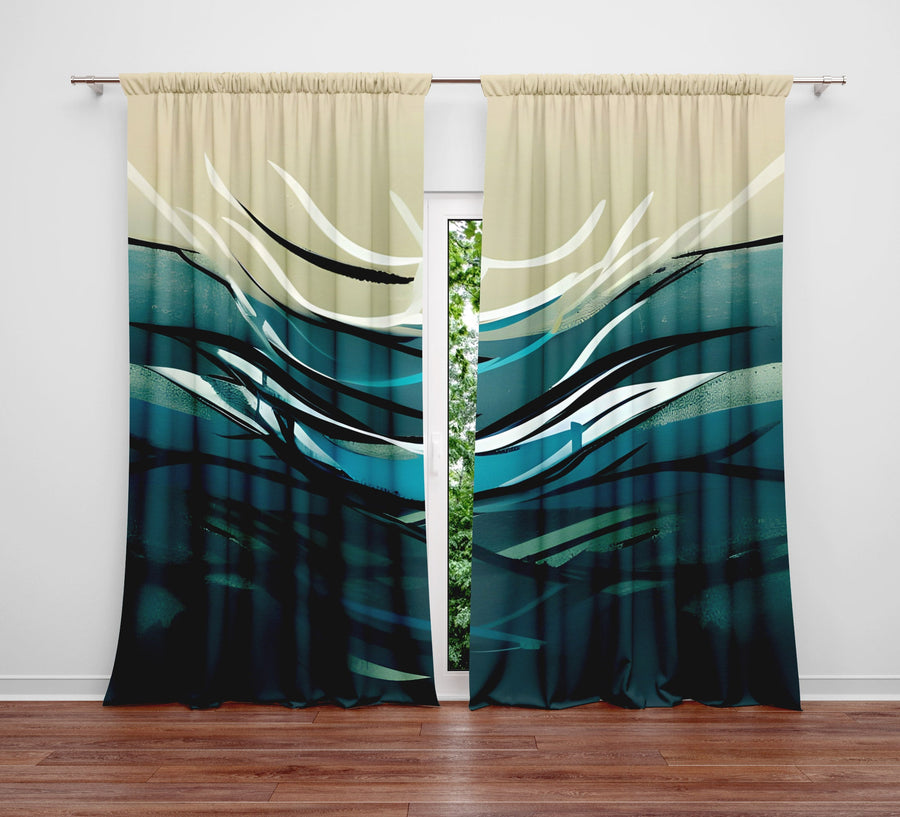 Abstract Window Curtain - Steel Blue and Tan Minimalist Ocean Wave - Deja Blue Studios