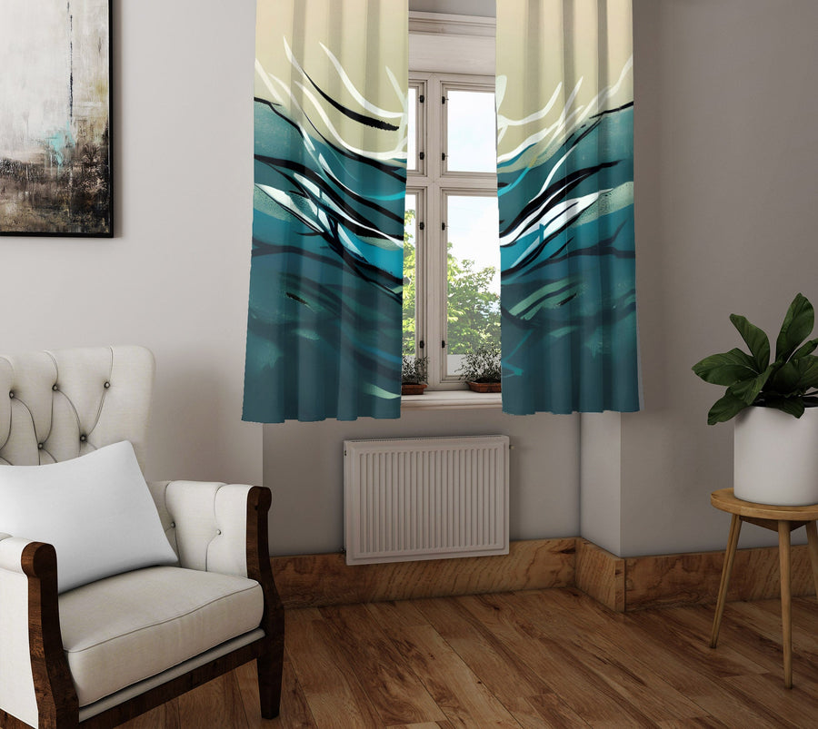 Abstract Window Curtain - Steel Blue and Tan Minimalist Ocean Wave - Deja Blue Studios