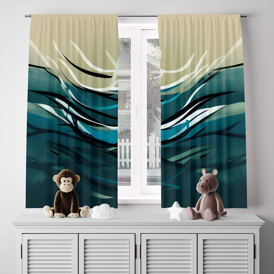 Abstract Window Curtain - Steel Blue and Tan Minimalist Ocean Wave - Deja Blue Studios