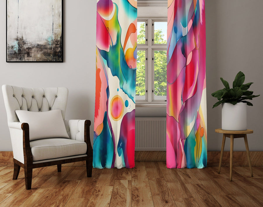 Abstract Window Curtain - Red and Blue Faux Alcohol Ink Splatters - Deja Blue Studios