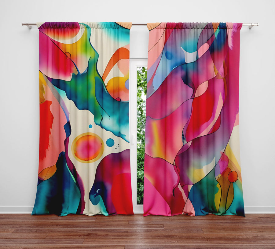 Abstract Window Curtain - Red and Blue Faux Alcohol Ink Splatters - Deja Blue Studios