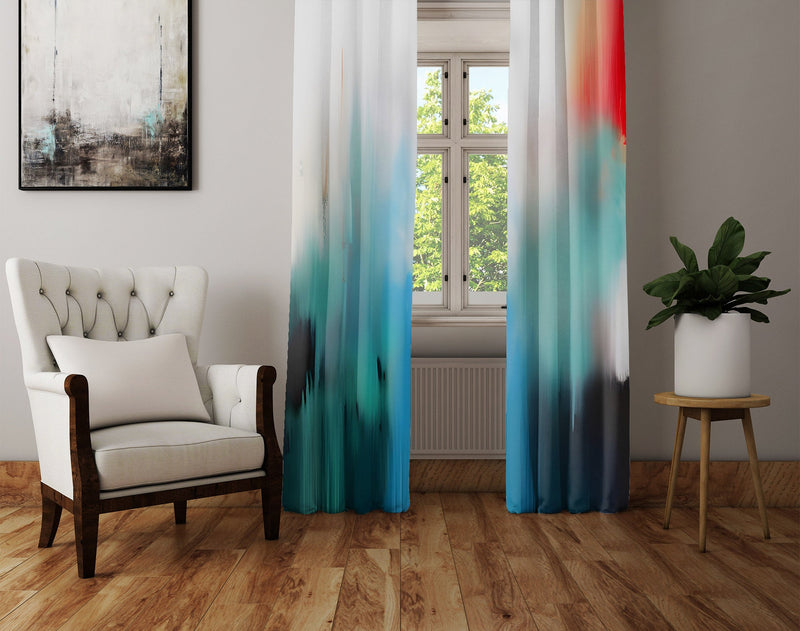 Abstract Window Curtain - Hazy Morning Red and Blue Cityscape - Deja Blue Studios