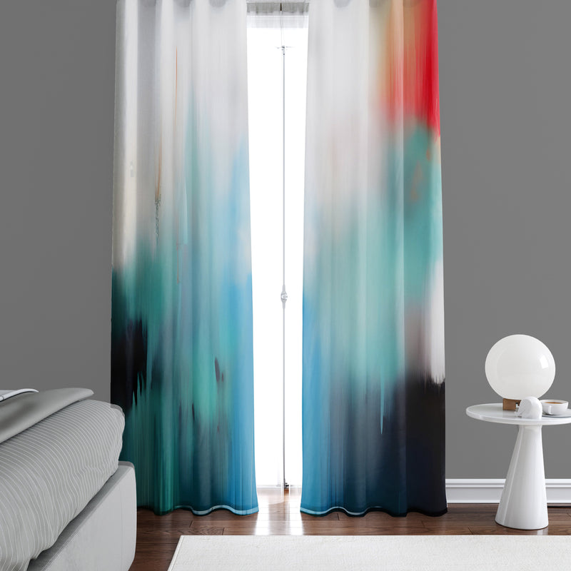 Abstract Window Curtain - Hazy Morning Red and Blue Cityscape - Deja Blue Studios