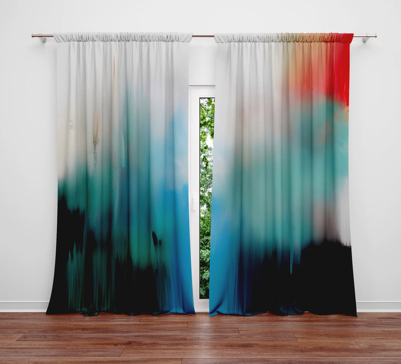 Abstract Window Curtain - Hazy Morning Red and Blue Cityscape - Deja Blue Studios