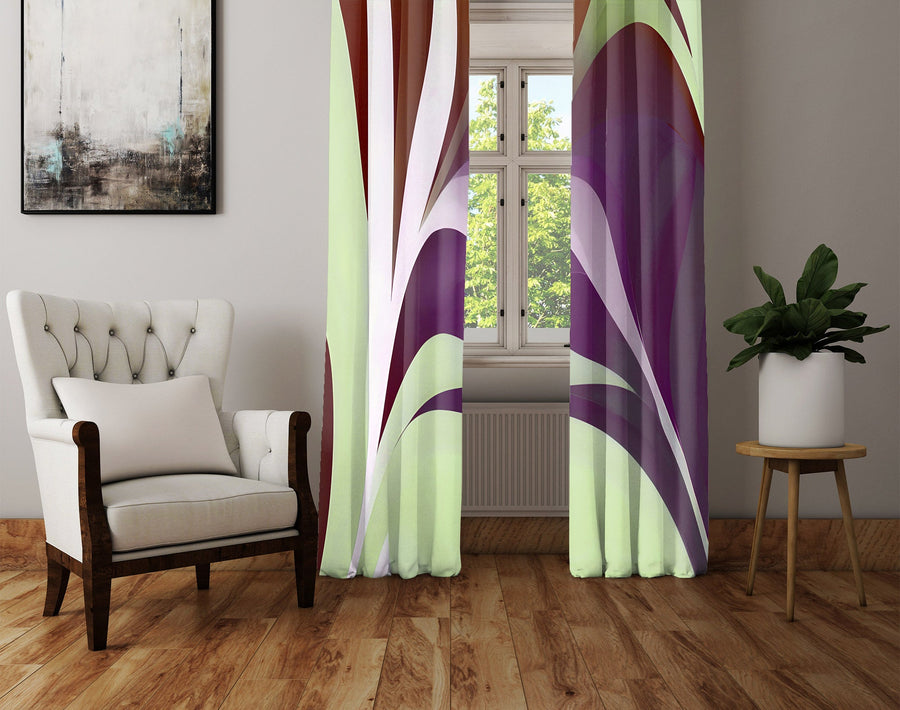 Floral Window Curtain - Abstract Purple and Green Palm Leaf - Deja Blue Studios