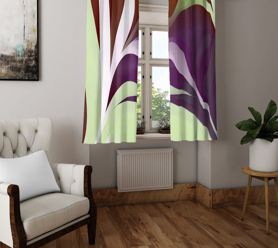 Floral Window Curtain - Abstract Purple and Green Palm Leaf - Deja Blue Studios