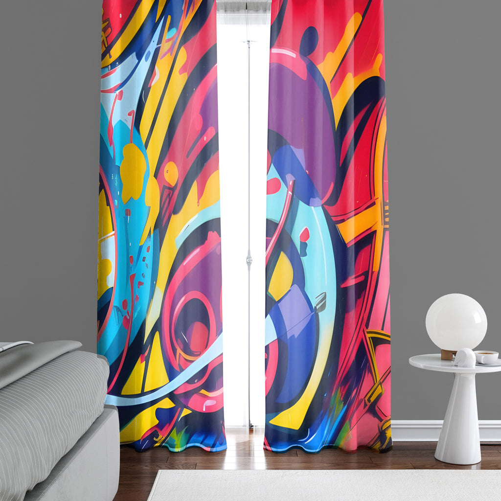 Abstract Window Curtain - Red and Blue Psychedelic Pattern - Deja Blue Studios