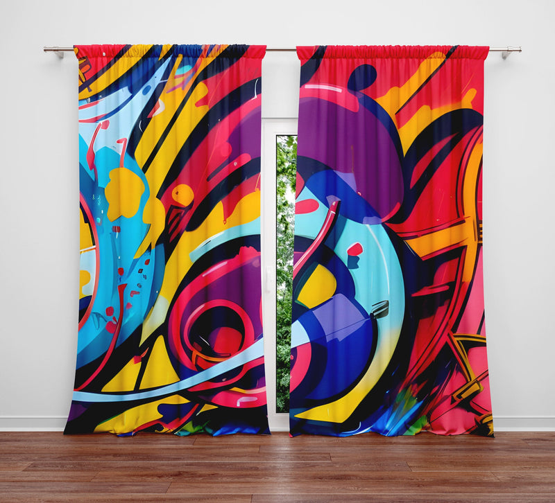 Abstract Window Curtain - Red and Blue Psychedelic Pattern - Deja Blue Studios