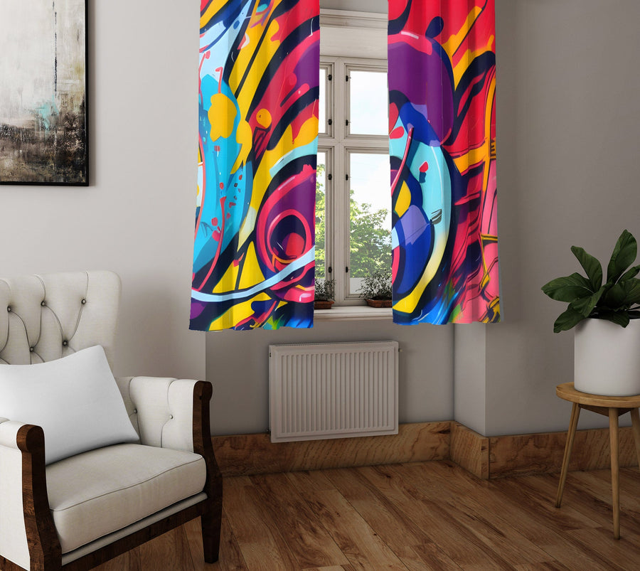 Abstract Window Curtain - Red and Blue Psychedelic Pattern - Deja Blue Studios